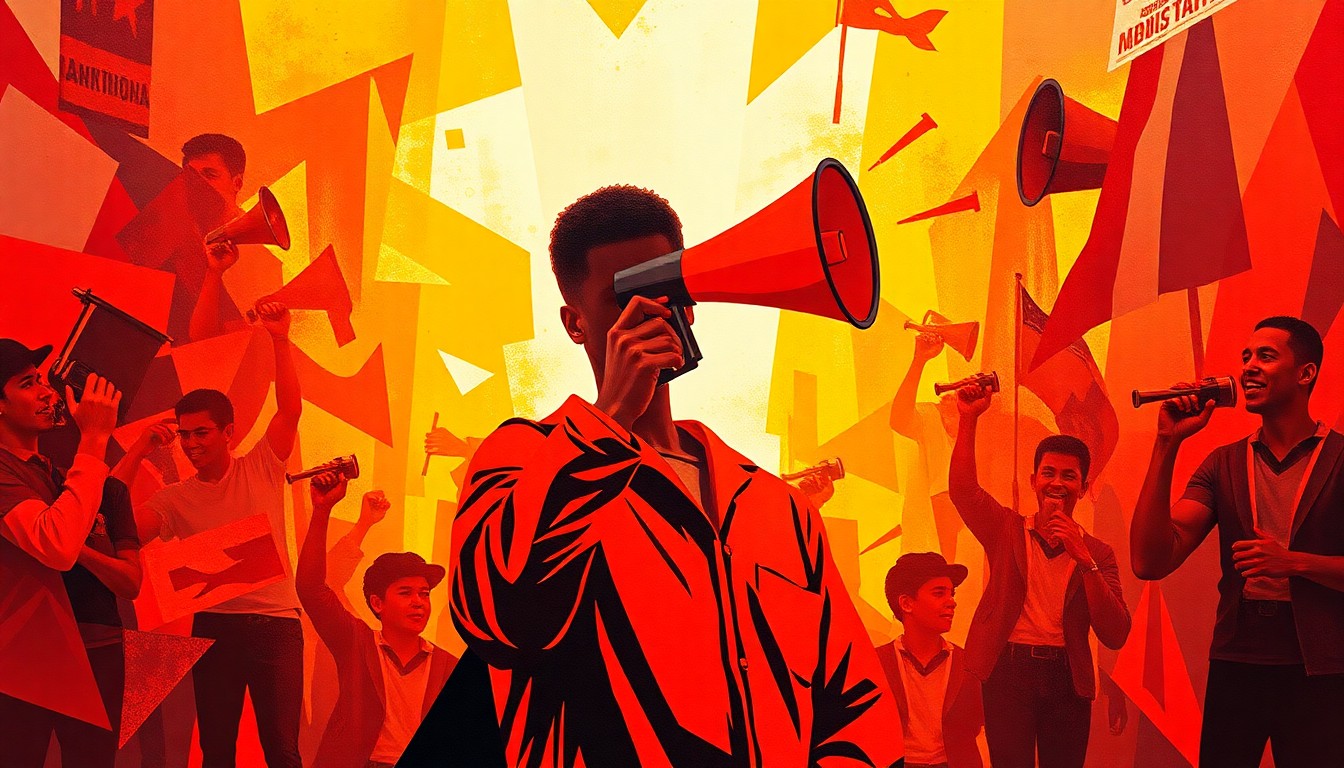 A dynamic, abstract painting featuring overlapping geometric shapes and brushstrokes in shades of red, orange, and yellow, conceptually representing the energy and tension of a political protest.