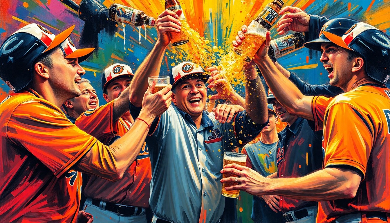 An abstract, expressionist painting in vibrant neon colors, depicting the celebratory energy of Orioles players dousing their new manager with beer after a win, capturing the raw emotion and team unity.