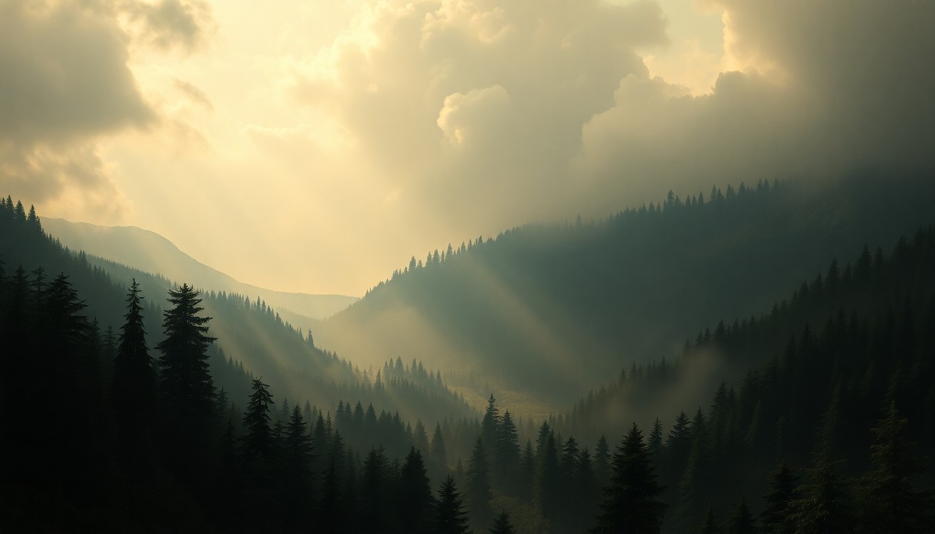 A sweeping, atmospheric landscape painting in muted earth tones, with heavy smoke haze obscuring the details of the forested terrain and any visible structures or objects.