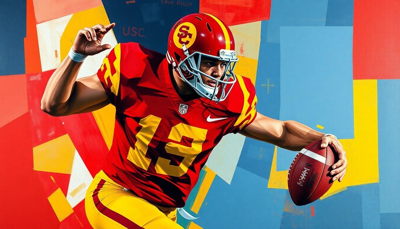 A cubist, geometric illustration depicting the fragmented motion of a football player in the act of blocking, with sharp planes of cardinal red, gold, and navy blue representing the colors of the USC Trojans.
