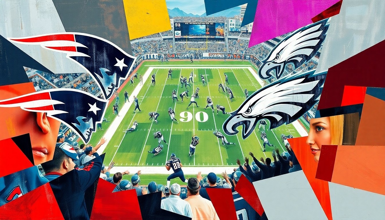 A cubist, geometric painting depicting a fragmented, multi-angled view of a football practice or game, with sharp planes of color and form representing the two teams in action.