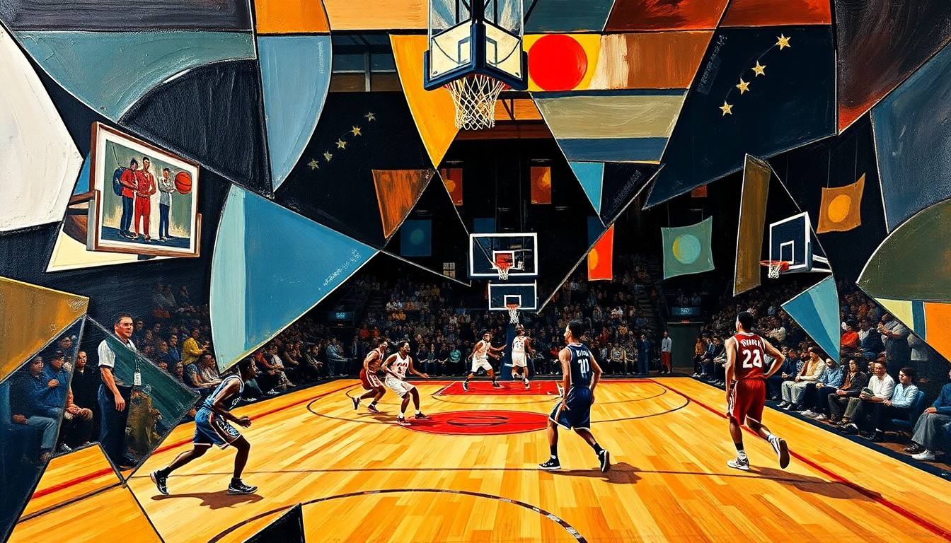 A cubist, geometric painting depicting a fragmented basketball court and players, conveying the dynamic energy and uncertainty surrounding the Warriors' path forward.