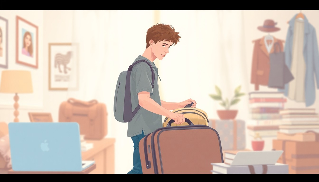 An extremely abstracted, out-of-focus photograph of a young adult packing a suitcase, surrounded by blurred lifestyle objects like a laptop, books, and travel accessories, all in a warm, hazy color palette, capturing the emotional transition of a parent letting go.
