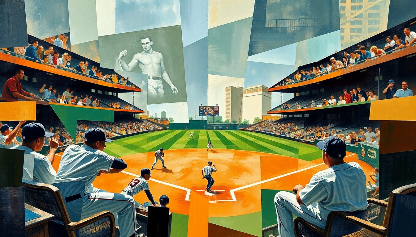 A cubist, geometric painting depicting a baseball game with overlapping planes of color and shape, representing the competitive spirit between the Naylor brothers as they face off on the field.