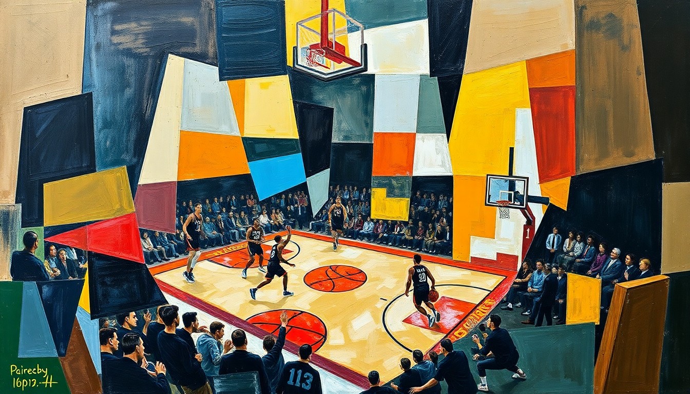 A cubist, geometric painting depicting a basketball game in motion, with players and the court fragmented into sharp, overlapping shapes and planes in a vibrant color palette.