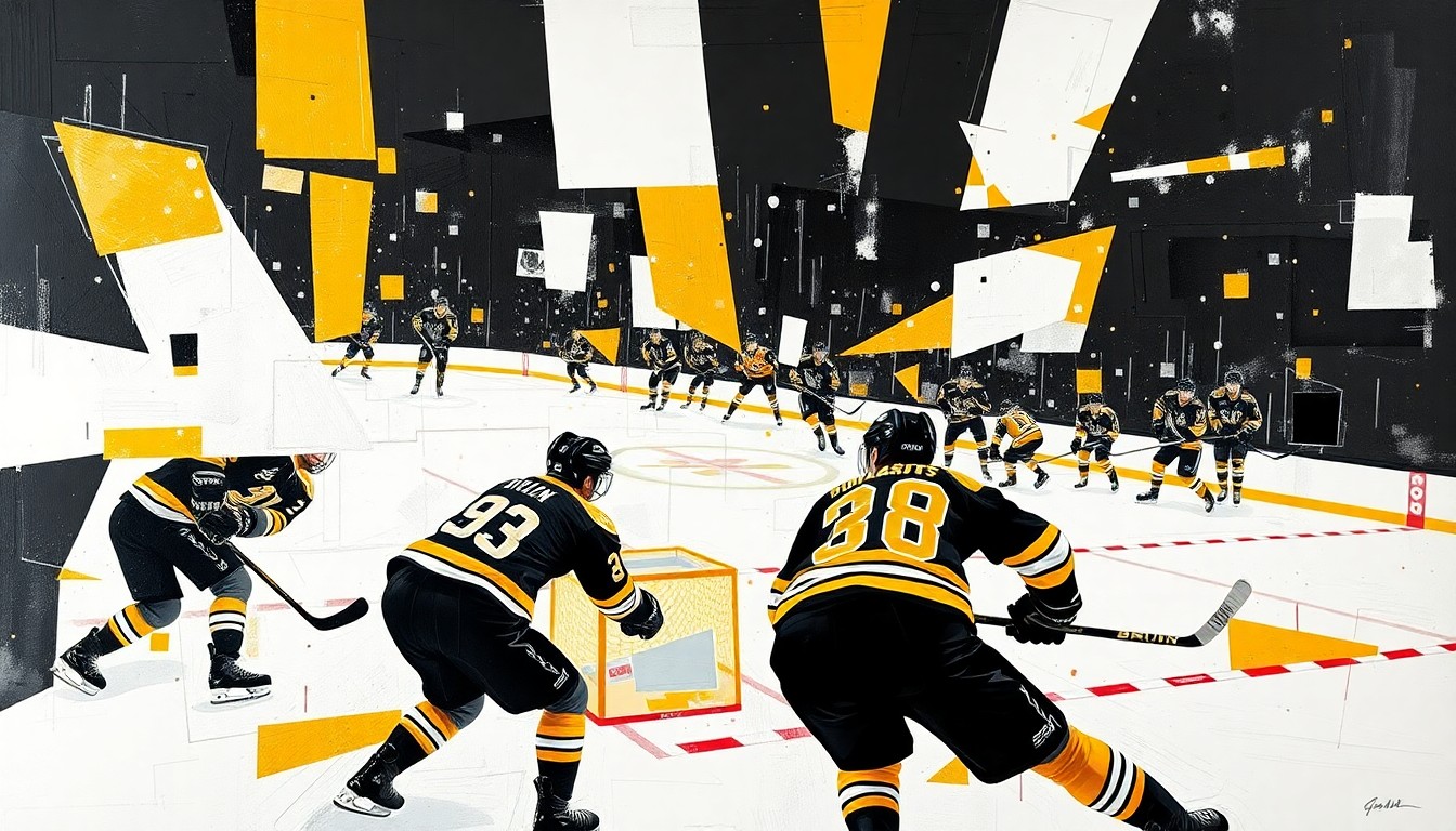 A fractured, cubist-style painting depicting the chaotic action of a hockey game, with sharp geometric shapes and planes in the team colors of the Boston Bruins representing the players and movement on the ice.