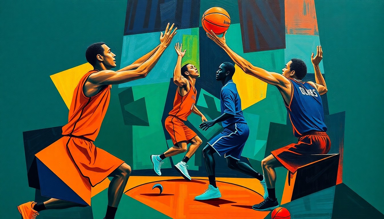 A cubist-style painting depicting a basketball game broken down into overlapping geometric shapes in a vibrant color palette, conveying the dynamic and unconventional nature of Tiago Splitter's coaching approach.