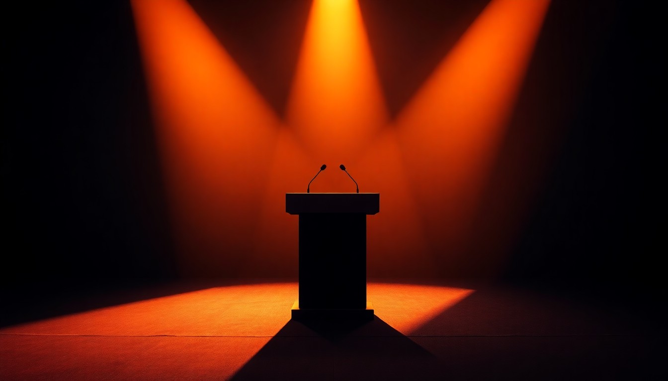 A cinematic painting of an empty podium on a dimly lit stage, with warm, diagonal sunlight and deep shadows, conveying a sense of political transition and uncertainty.