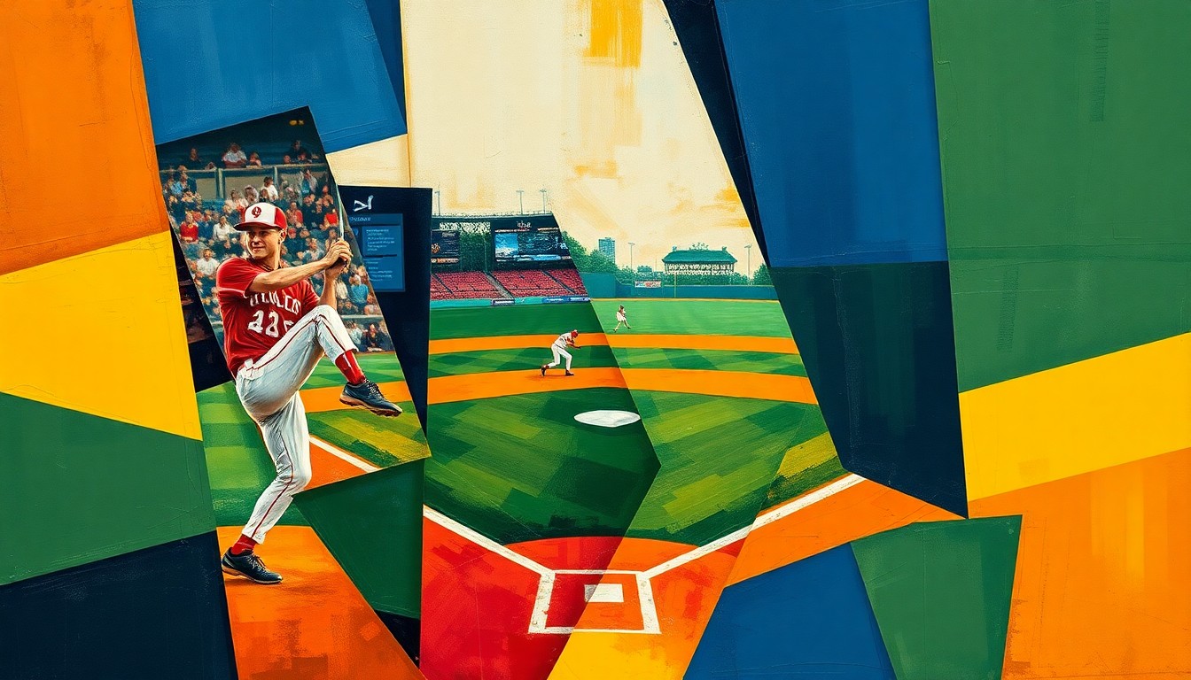 A cubist, geometric painting depicting a baseball pitcher in motion, with the player's form fractured and abstracted into overlapping planes of color.