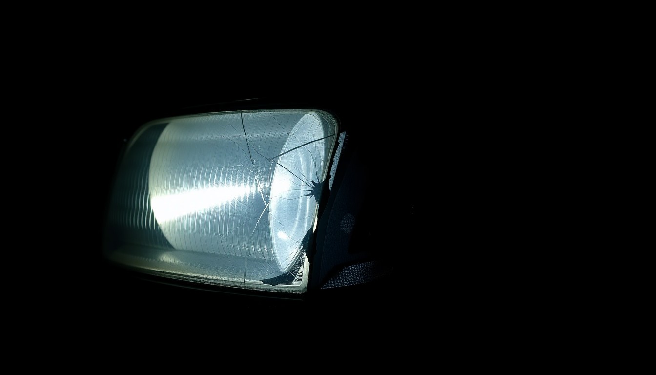 An extreme close-up photograph of a cracked side-by-side vehicle headlight, lit by a harsh, direct camera flash against a pitch-black background, creating a stark, gritty, investigative aesthetic.