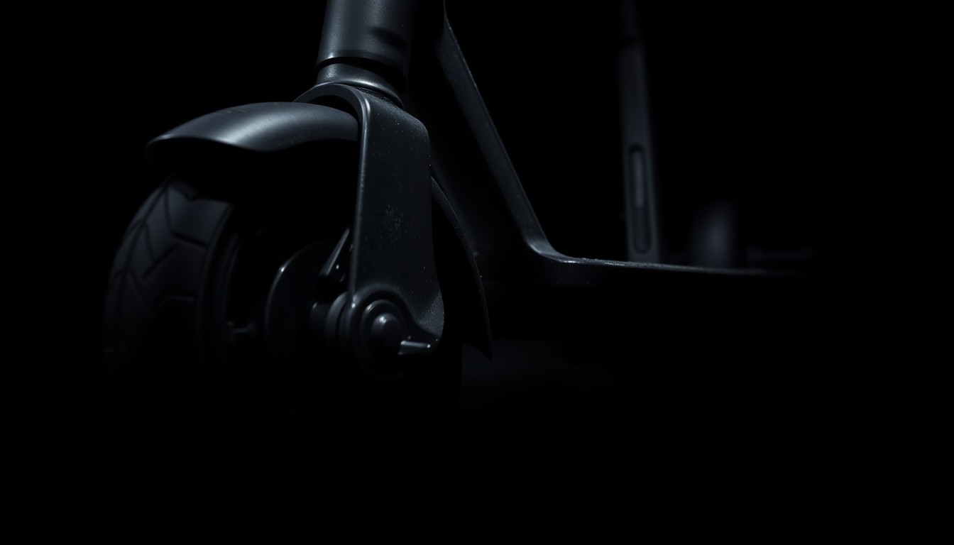An extreme close-up photograph of a broken electric scooter part, such as a damaged wheel or handlebar, lit by a harsh, direct camera flash against a pitch-black background, creating a stark, gritty, investigative aesthetic.