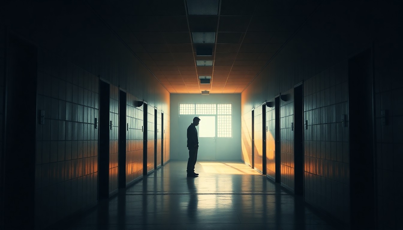 A cinematic painting of a dimly lit detention center hallway with a single solitary figure standing alone, bathed in warm, diagonal light and deep shadows, conveying a sense of isolation and vulnerability.