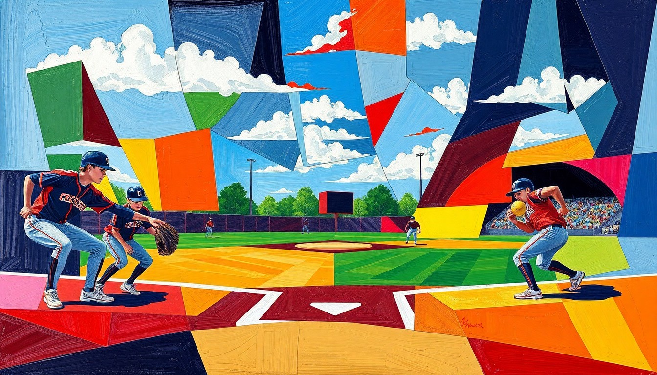 A cubist, fragmented painting depicting a high school softball game, with the players and field broken down into sharp, overlapping geometric shapes and planes in the team colors of the top-ranked Crescent High School squad.