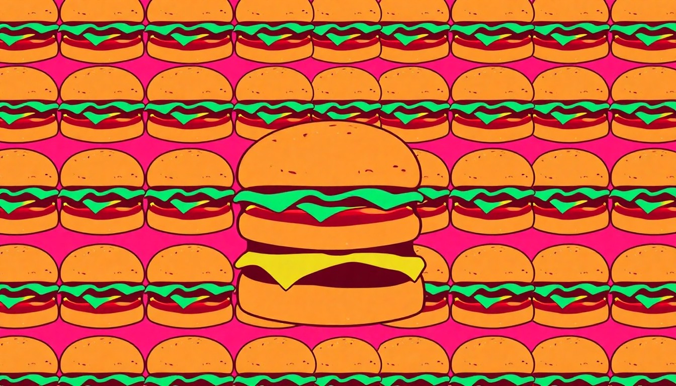 A highly stylized, pop art-inspired illustration featuring a repeating grid of a single, iconic burger icon rendered in a bold, neon color palette with heavy black outlines, conceptually representing the excitement and community engagement around the Burger Bracket competition.