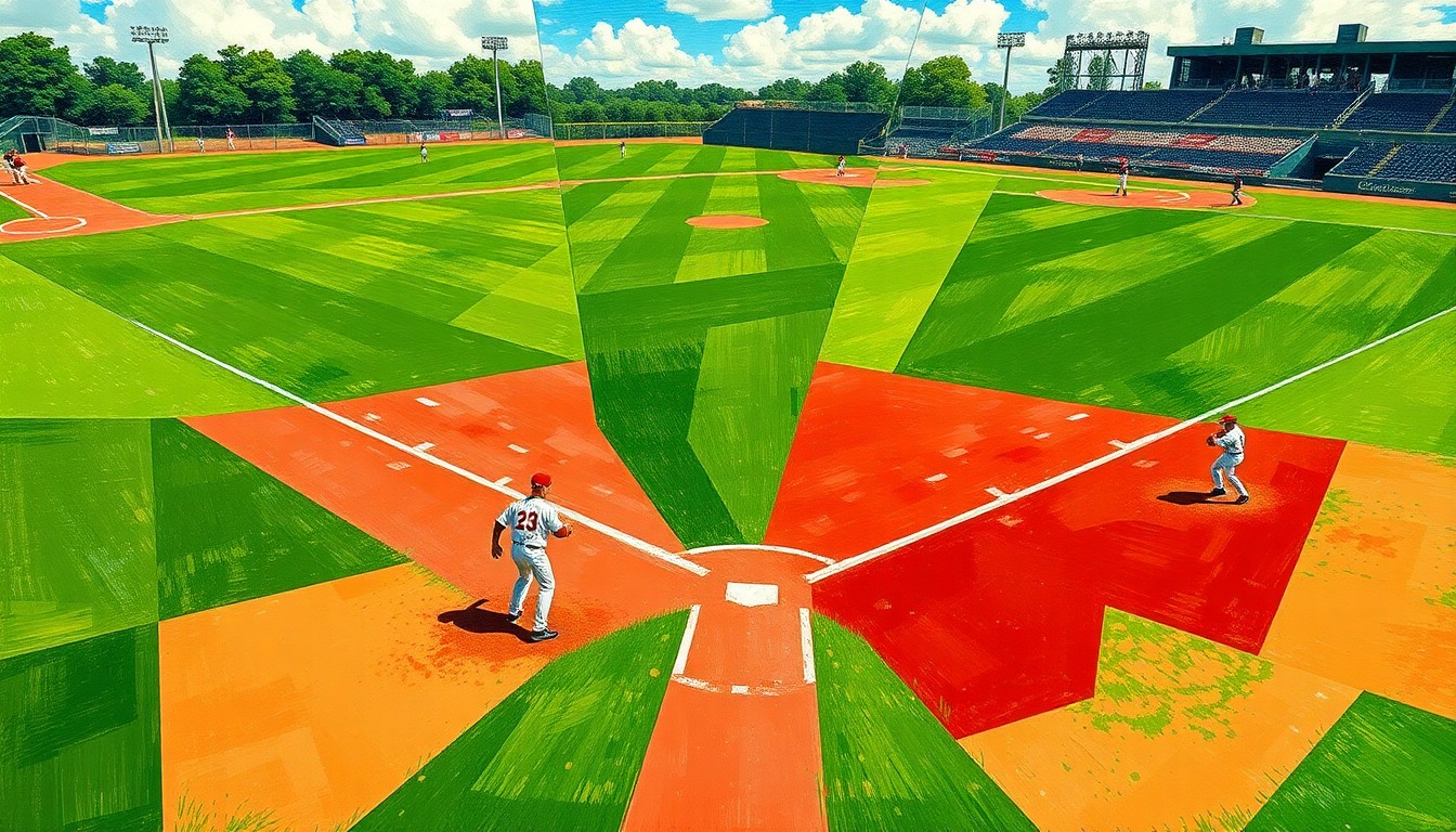 A fragmented, geometric painting depicting the dynamic movements and competing perspectives of a high school baseball game, with sharp planes of green, white, and red.