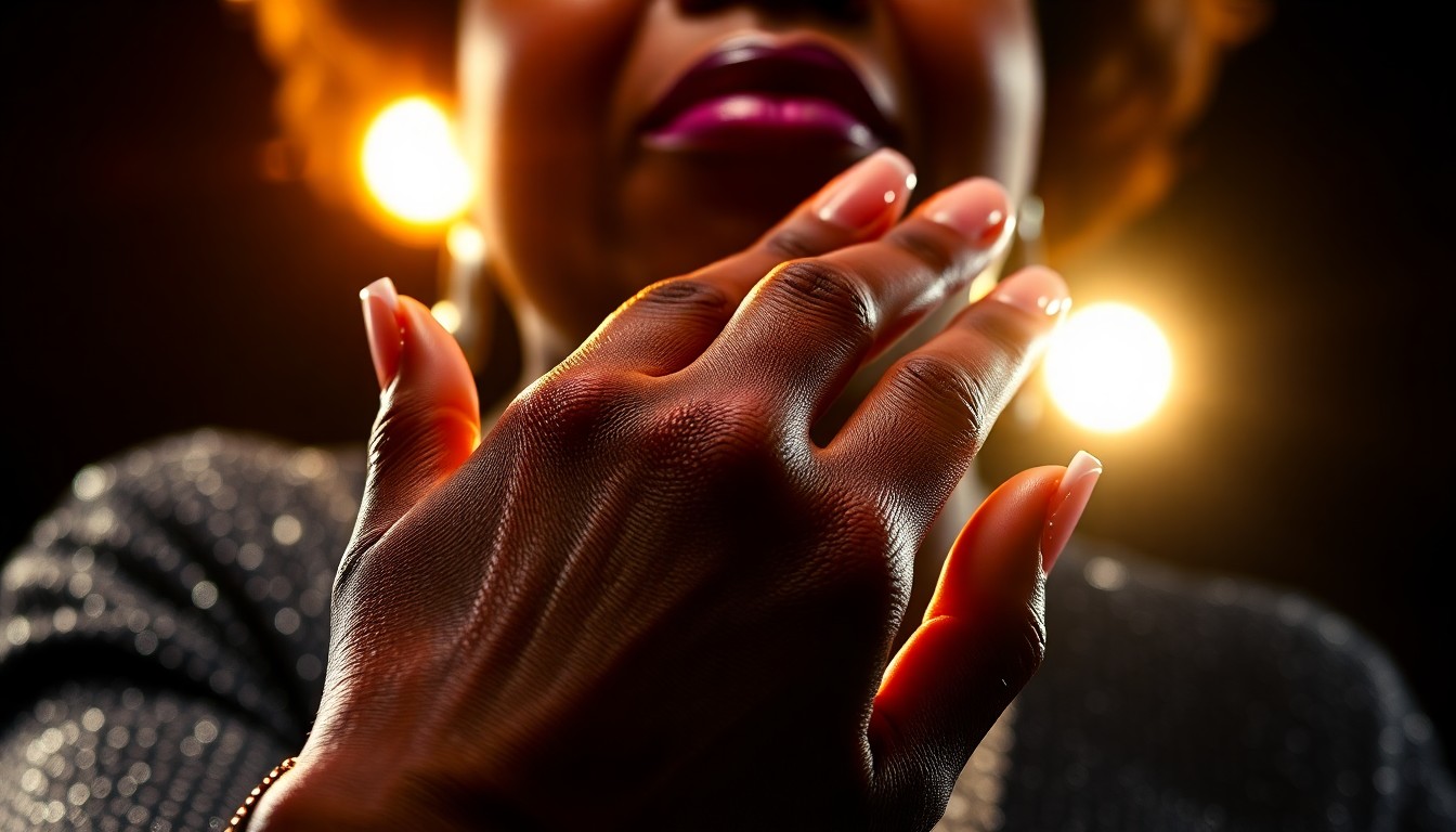 An extreme close-up of a hand with long, manicured nails sparkling under dramatic lighting, conceptually representing the glamour and elegance of Patti LaBelle's legendary musical career.