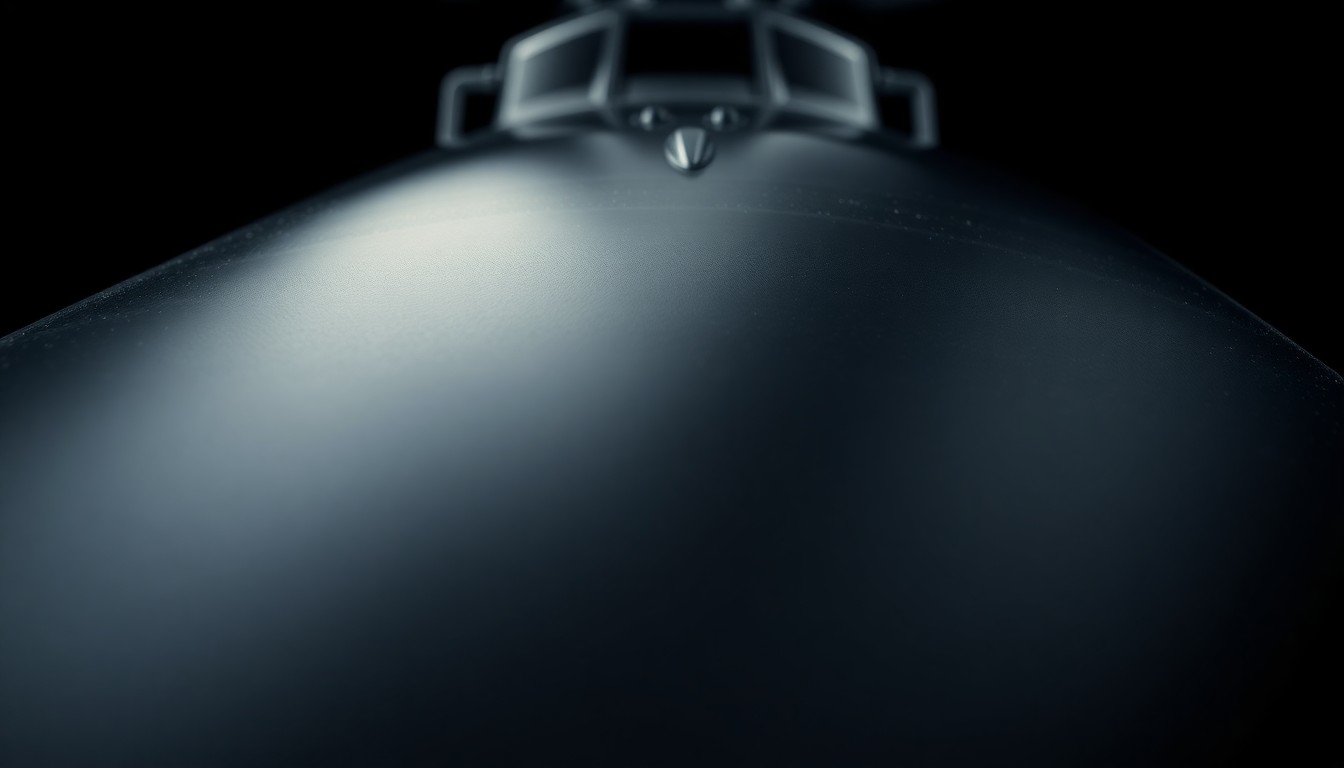 An extreme close-up photograph of the reflective, metallic surface of an Apache helicopter rotor blade, captured in dramatic, high-contrast lighting to create a sense of power and technology.