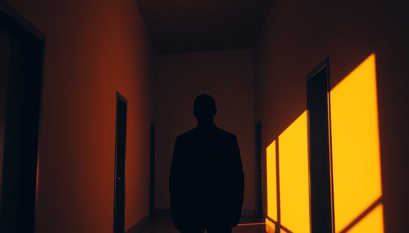 A dimly lit, cinematic painting of a solitary figure standing in a government hallway, their face obscured in shadow, the walls bathed in warm, diagonal sunlight, conceptually representing the moral dilemmas of political leadership during wartime.