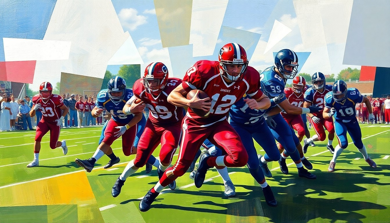 A cubist, geometric painting depicting a high school football game, with players in motion represented through overlapping planes of red and blue shapes, capturing the energy and dynamism of the sport.