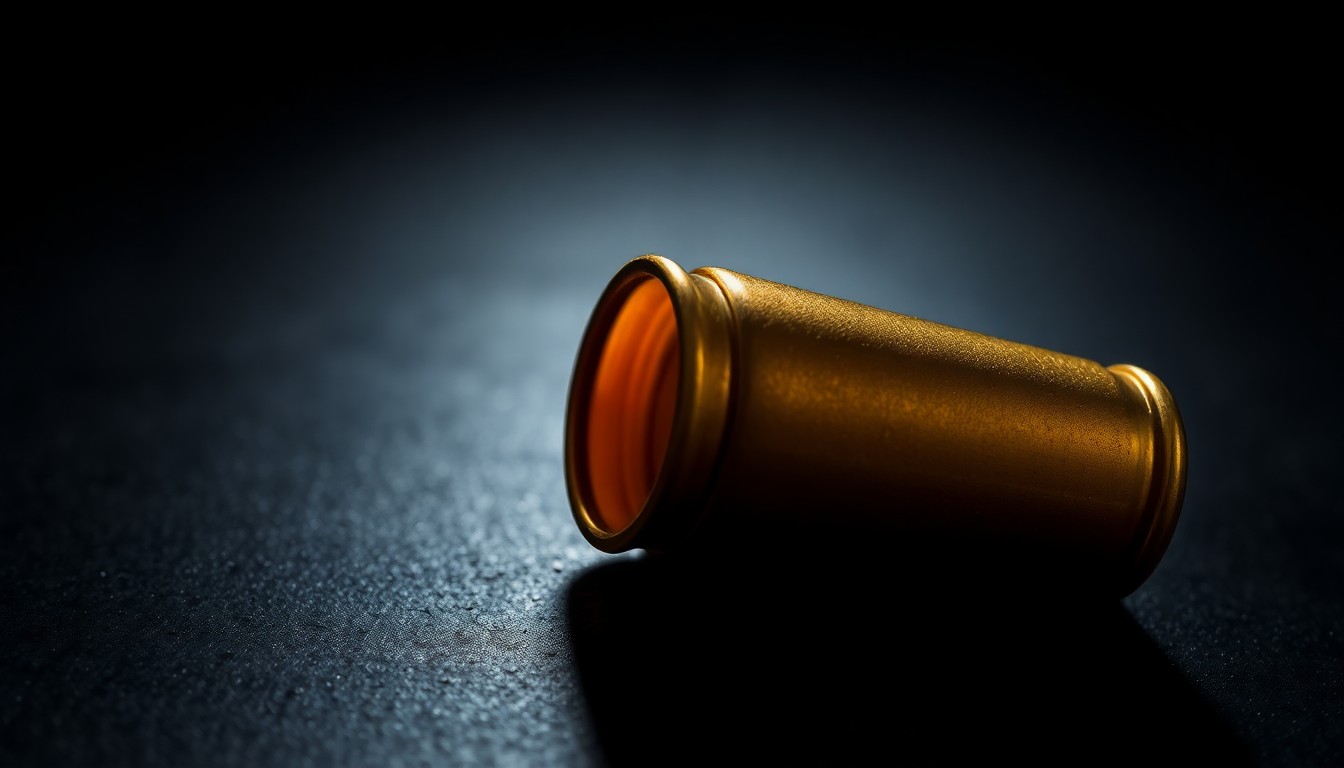 An extreme close-up of a shiny metal shell casing on a dark surface, dramatically lit by a harsh camera flash to create a stark, gritty aesthetic that conceptually represents the violence of the crime.