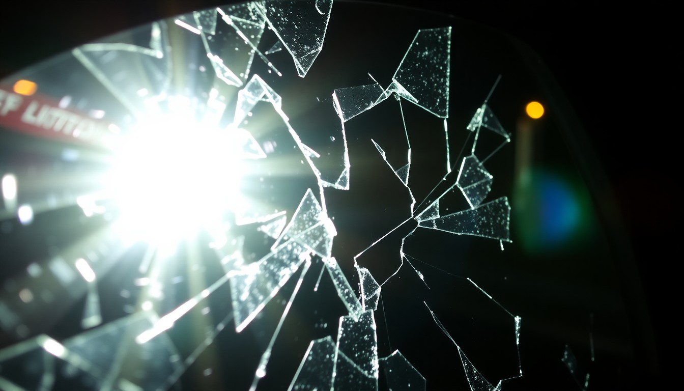 An extreme close-up photograph of a shattered car window, the glass shards reflecting a harsh, bright flash of light, conceptually illustrating the sudden and violent nature of the shooting that occurred during this Uber ride.