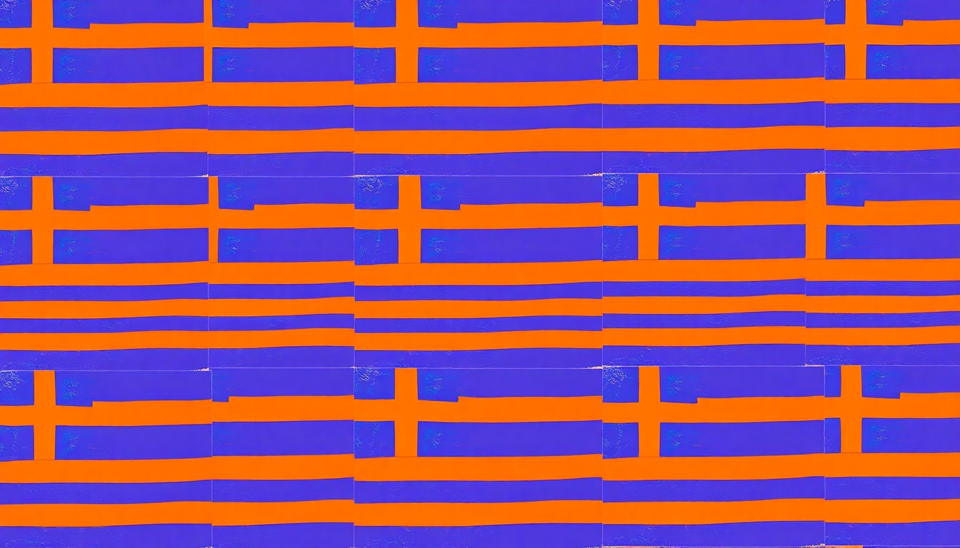 A bold, graphic image composed of a repeating pattern of the Greek flag in neon blue, white, and red, creating a vibrant, pop art-inspired visual representation of the cultural celebration.