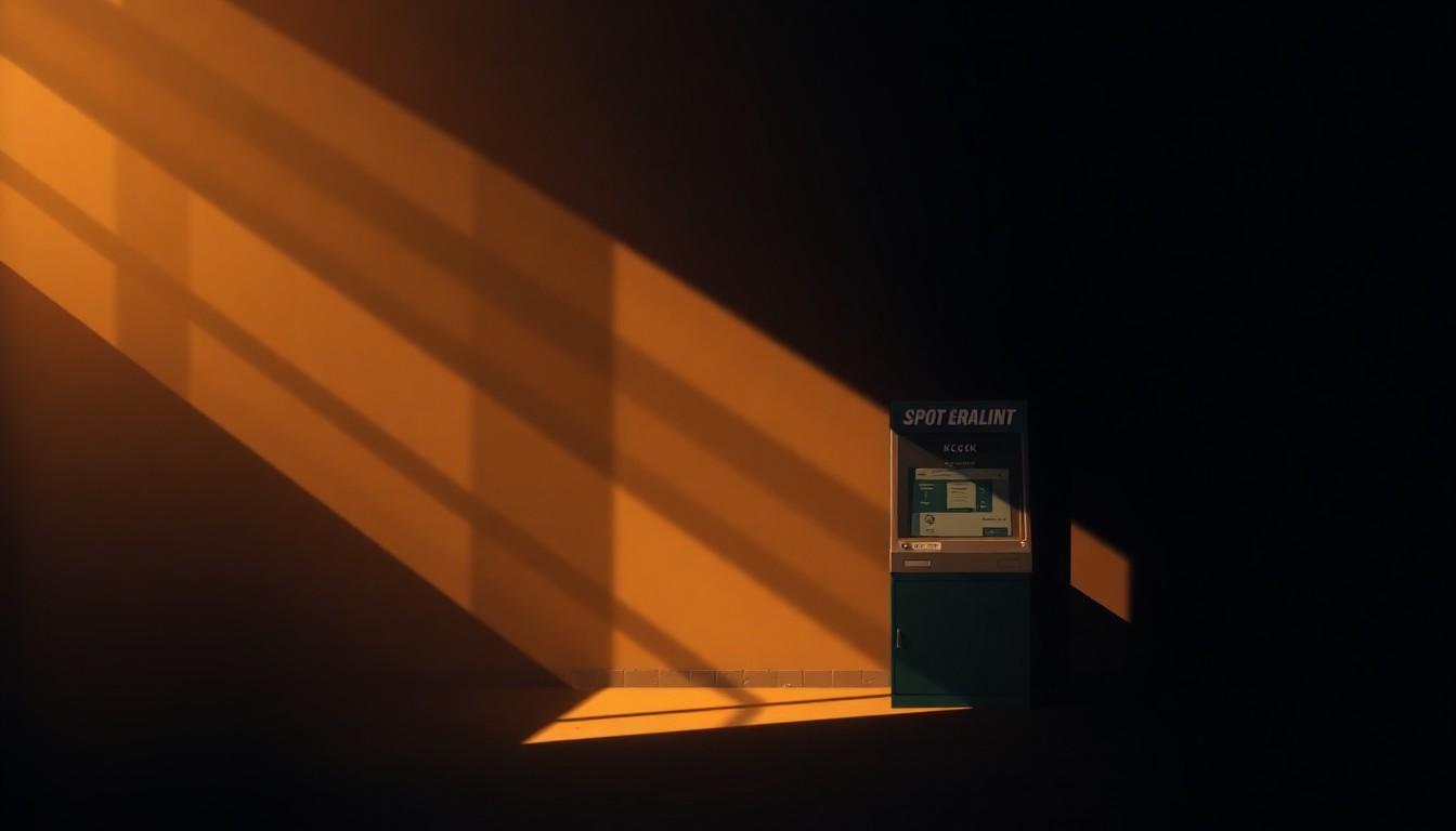 A dimly lit, cinematic painting of a lone sports betting kiosk or mobile device, its screen casting a warm glow against the deep shadows of an urban setting, conceptually representing the need for balanced regulation in New York's booming sports betting industry.