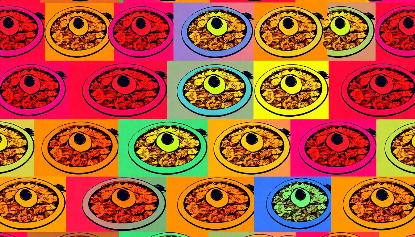 A brightly colored, high-contrast silkscreen print of a single, iconic Spanish dish like paella or tapas, repeated in a tight grid pattern in the style of Andy Warhol, conceptually representing the modern, boundary-pushing cuisine of Amador Cocina Fina.