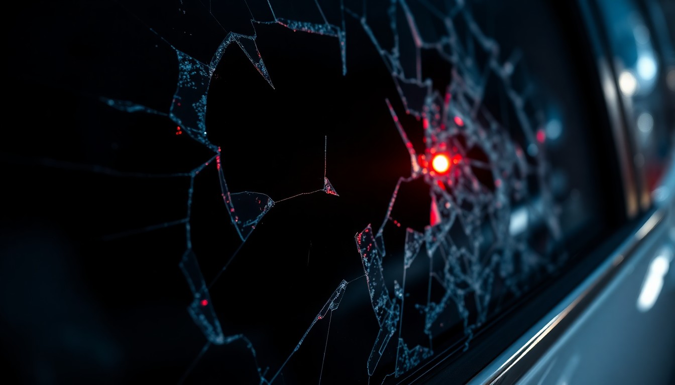 An extreme close-up photograph of shattered glass reflecting a faint red light, conceptually representing the aftermath of a violent vehicular incident.