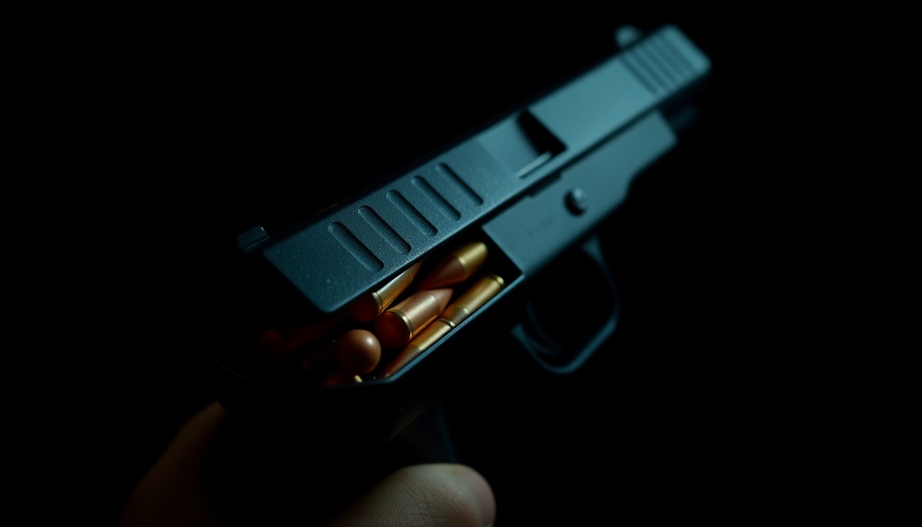 An extreme close-up photograph of a handgun magazine loaded with ammunition, lit by a harsh, direct camera flash against a pitch-black background, conceptually illustrating the recovery of firearms during a drug investigation.