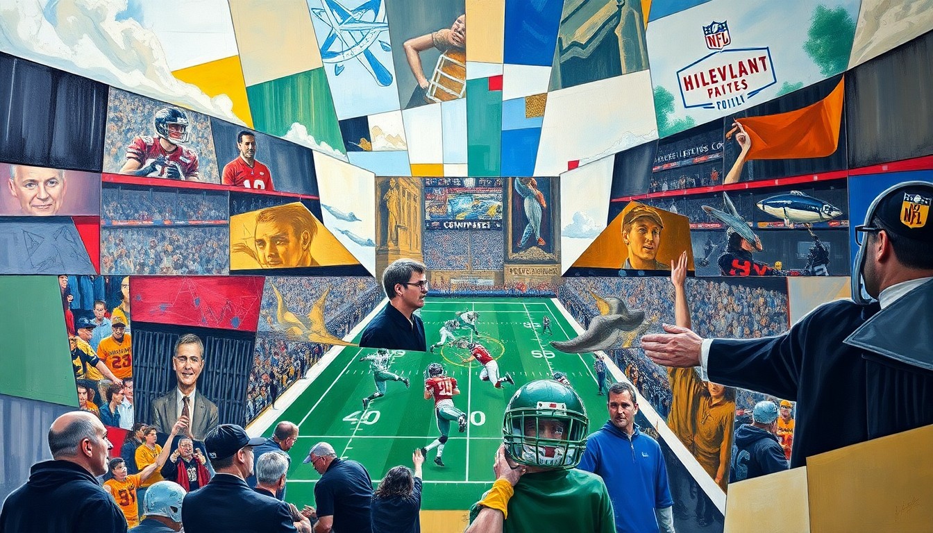 A cubist, geometric painting depicting fragmented football players and draft prospects, conveying the energy and excitement of the upcoming NFL draft for Ohio State players.
