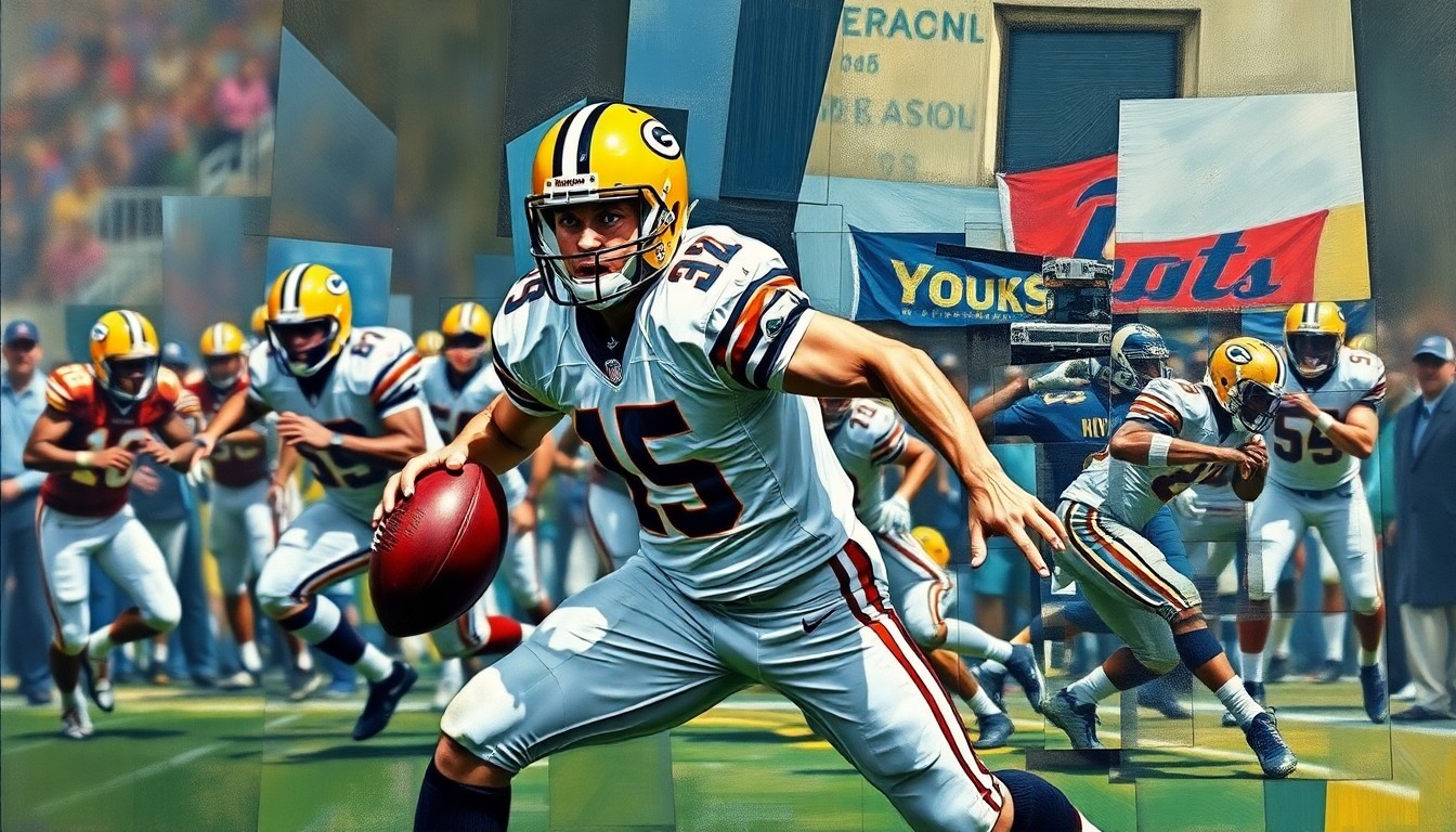 A fragmented, geometric painting depicting a football player in the midst of a pass rush, with sharp planes of color and form overlapping to create a dynamic, multi-perspective visual.