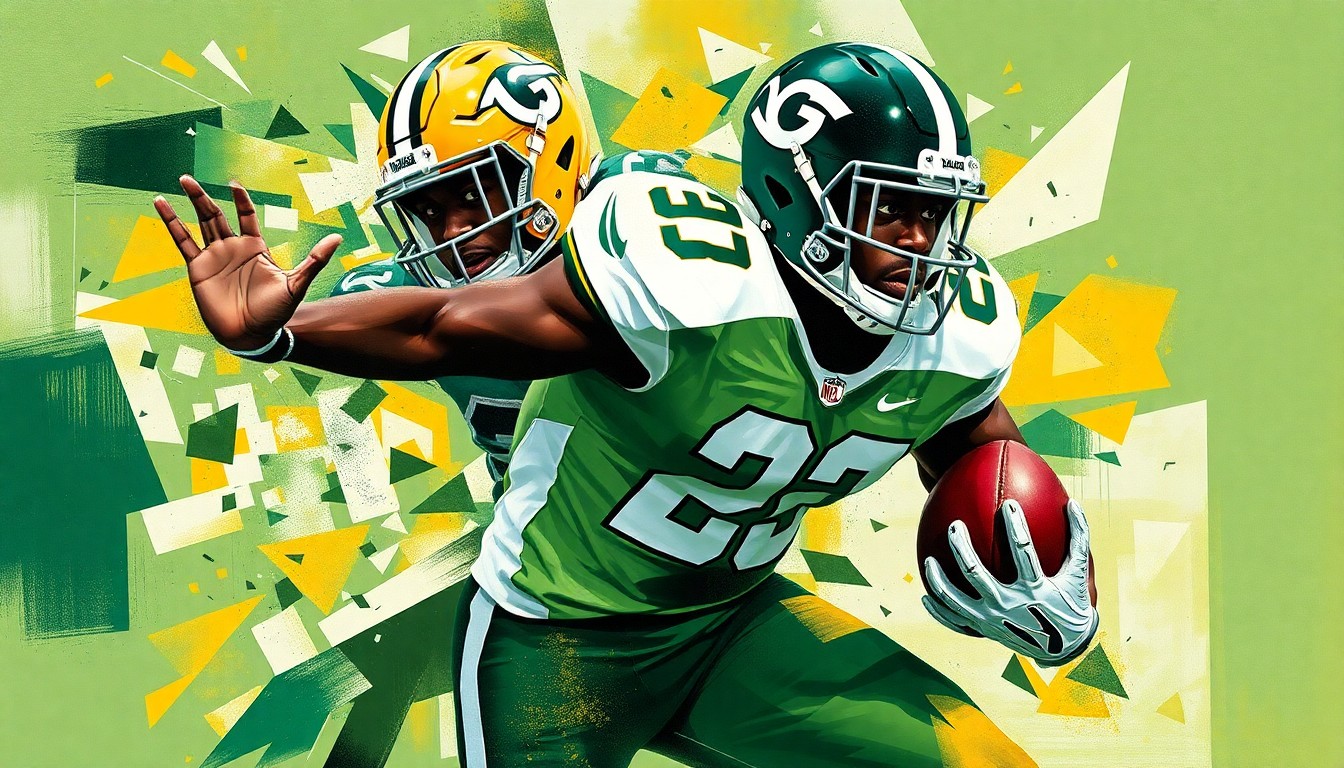 A fragmented, cubist-style painting depicting an edge rusher making a sack, with the player's body and the football field broken down into sharp, overlapping geometric shapes in UAB's green and gold colors.