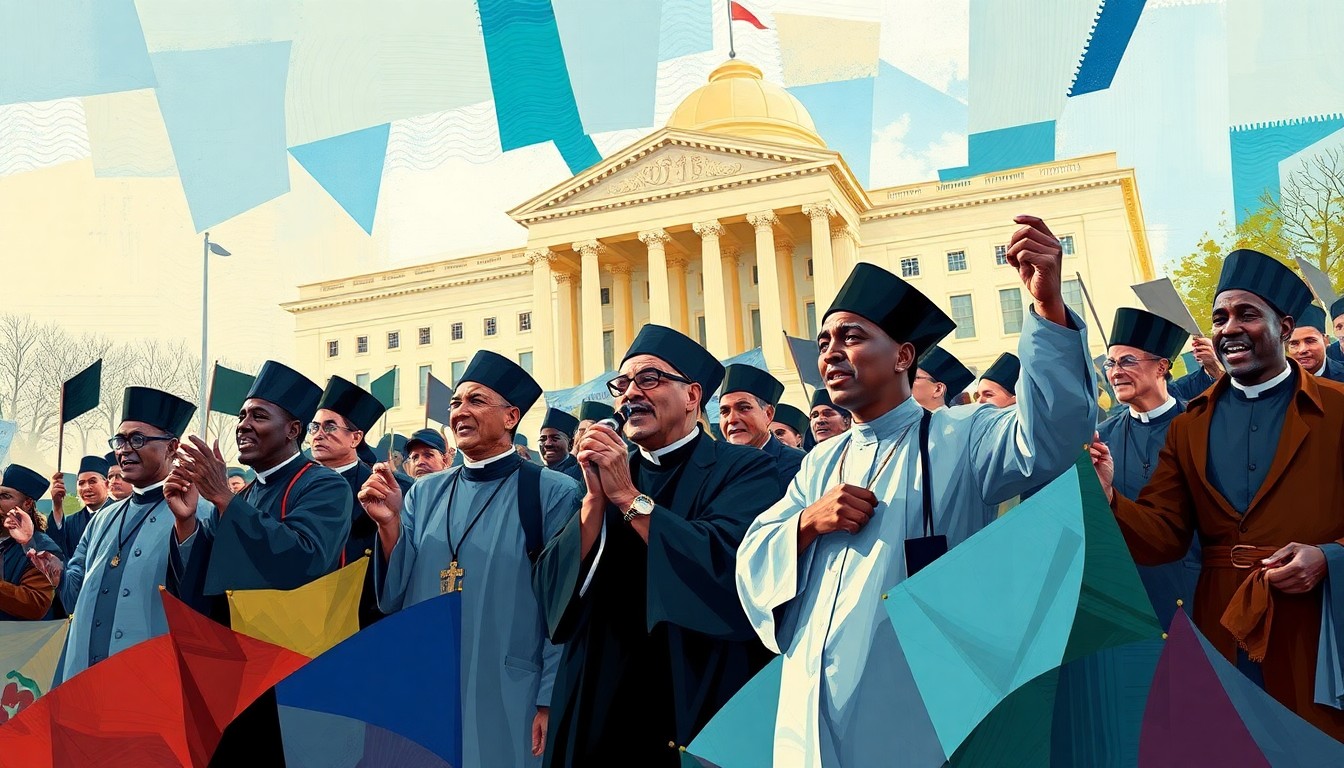 A dynamic, abstract painting featuring overlapping geometric shapes and waves of color representing a group of clergy members marching and chanting in front of a government building, conveying the energy and movement of the protest.
