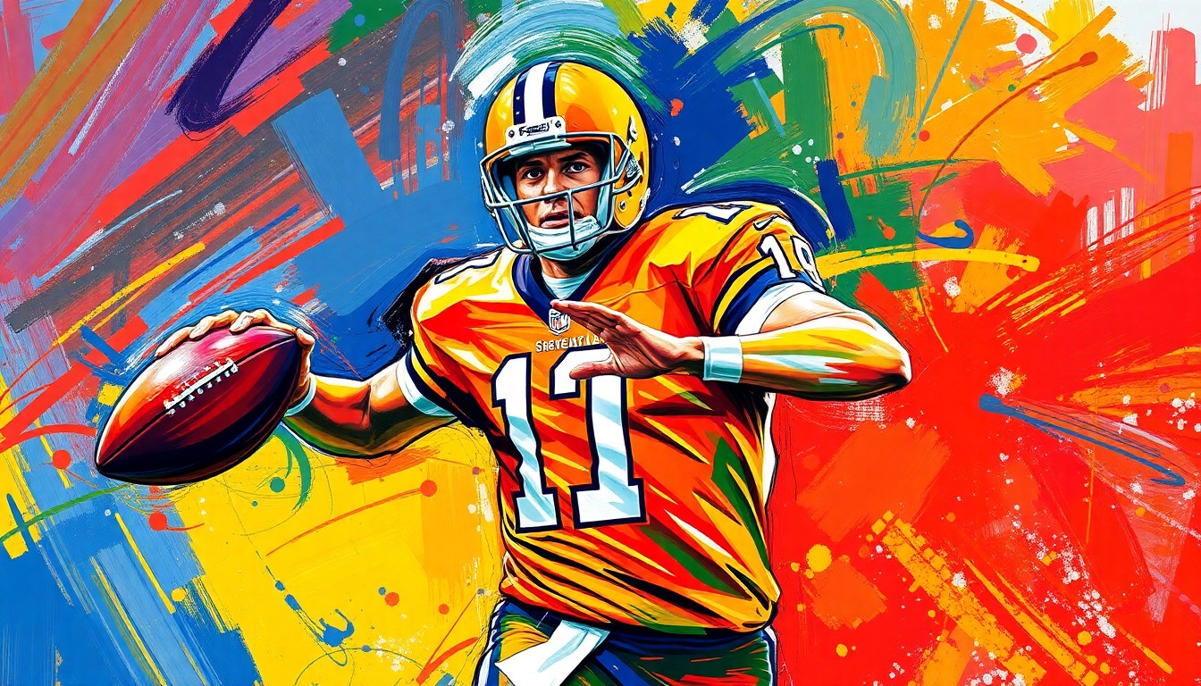 An abstract, expressionist painting in vivid neon colors depicting the dynamic movements of an NFL quarterback, conveying the raw energy and potential of Shedeur Sanders as he enters his second season in Cleveland.
