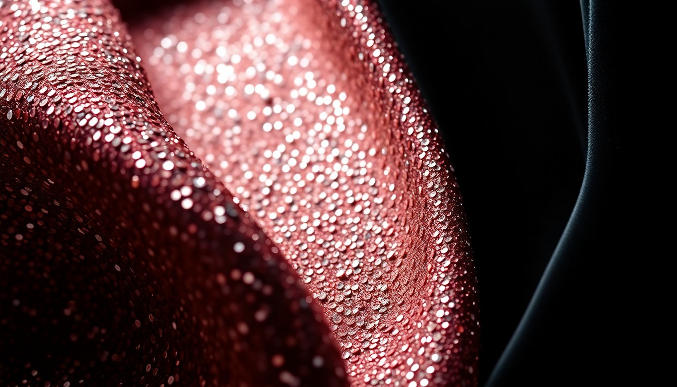 An extreme close-up of shimmering, high-contrast textures including glittering sequins, metallic foils, and plush velvet, conceptually representing the luxurious and glamorous nature of the co-headlining tour.