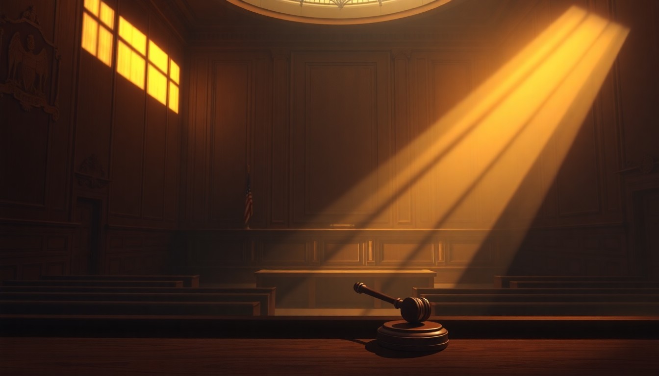 A serene, cinematic painting of an empty courtroom with a lone gavel resting on the judge's bench, bathed in warm, diagonal sunlight and deep shadows, conceptually representing the judicial process behind the reinstatement of a terror attack compensation award.