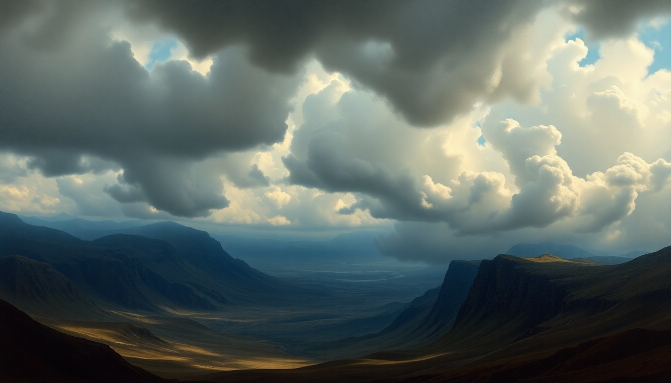 A sweeping, atmospheric landscape painting in muted tones of gray, blue, and green, with a dramatic, stormy sky filling the frame and obscuring the details of the land below. The scene conveys a sense of the overwhelming power and scale of nature.