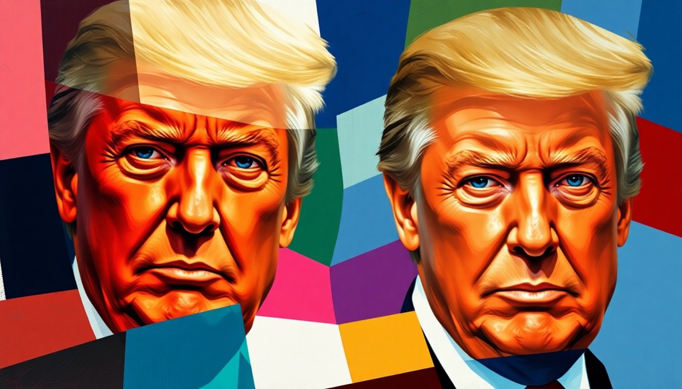 A dynamic, abstract painting featuring overlapping geometric shapes and waves of bold, contrasting colors, conceptually representing the complex geopolitical dynamics between the US and Brazil.