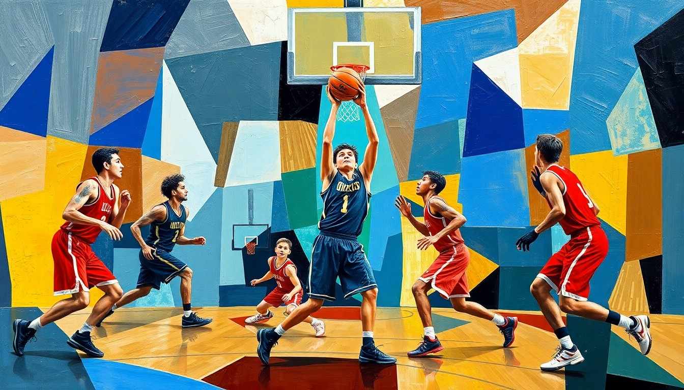 A fractured, multi-perspective painting in a cubist style, breaking down a basketball game into abstract geometric shapes and planes of color, representing the dynamic energy and competitive spirit of the sport.
