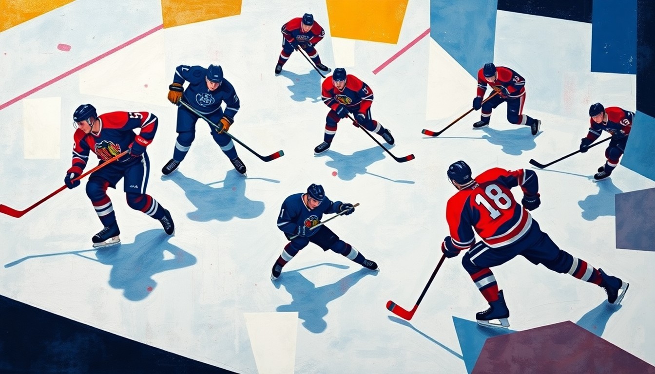 A fractured, cubist-style painting depicting the chaotic action of a hockey game, with players' bodies and equipment broken down into sharp, overlapping geometric shapes and planes of color.