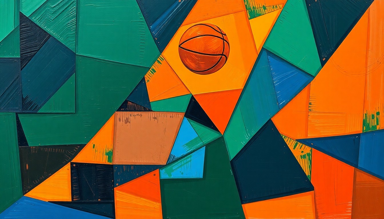 A fragmented, cubist-style painting depicting the action and energy of a basketball game, with sharp geometric shapes in shades of green, blue, and orange overlapping to create a dynamic, abstract composition.