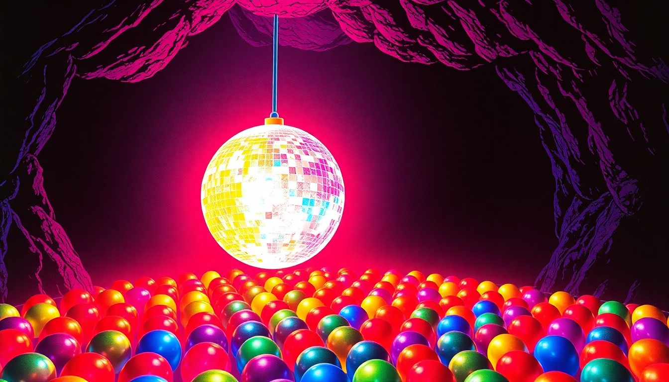 A vibrant, high-contrast silkscreen print depicting a large, glowing disco ball suspended in a dark cave, surrounded by a grid of smaller disco balls in neon colors, conceptually representing the energy and excitement of a secret underground party.