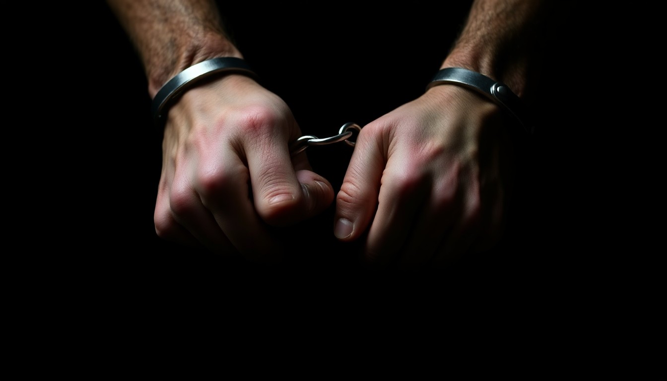 An extreme close-up photograph of a pair of handcuffed hands against a pitch-black background, lit by a harsh, direct camera flash, conceptually representing the immigration enforcement actions detailed in the arrest report.
