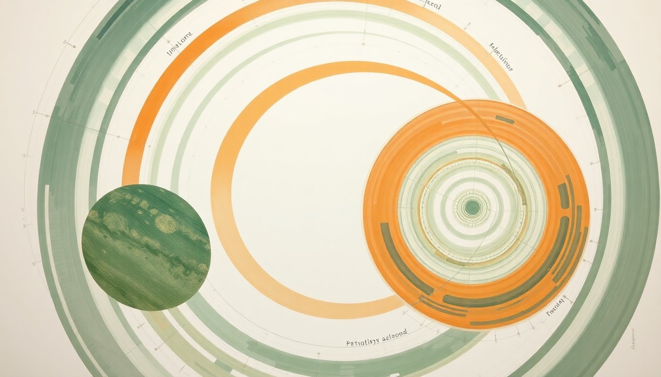 An abstract, highly structured painting in earthy tones of green, blue, and orange, featuring sweeping geometric arcs, concentric circles, and precise spirals, conveying the complex forces and ambitious goals of NASA's Artemis program to return humans to the moon.