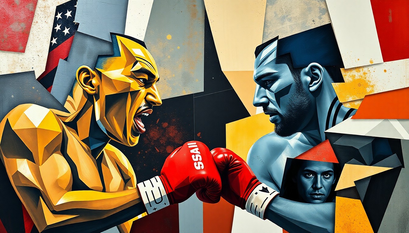 A fragmented, cubist-style painting depicting the abstract forms and movements of a heavyweight boxing match, with sharp geometric planes and overlapping shapes representing the competitive energy between the two fighters.