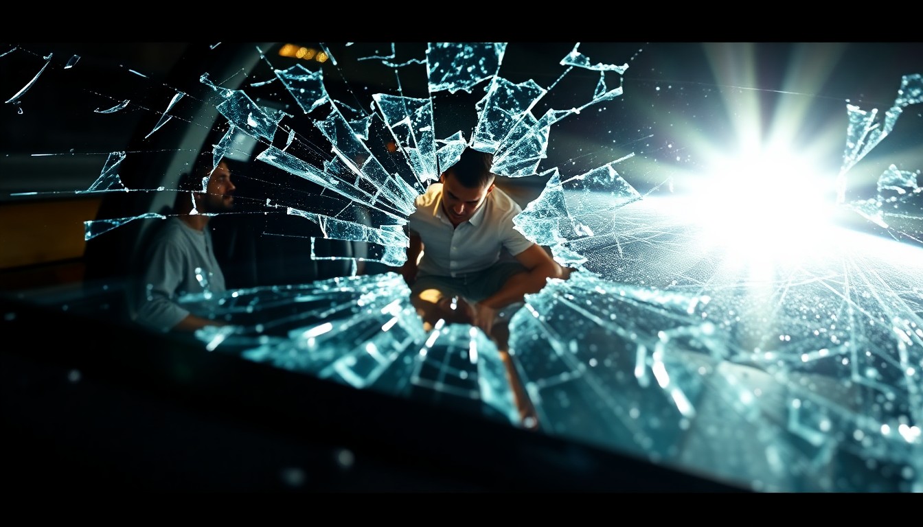 An extreme close-up photograph of a shattered car windshield reflecting the harsh glare of a camera flash, conceptually representing the aftermath of a high-speed crash.