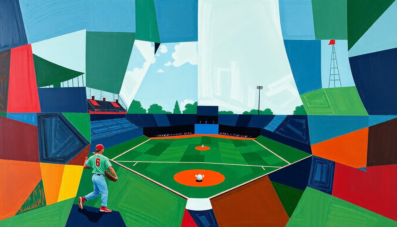 A fragmented, geometric painting depicting the action and energy of a softball game, with sharp planes of navy, green, and red intersecting to create a dynamic, multi-angled visual.