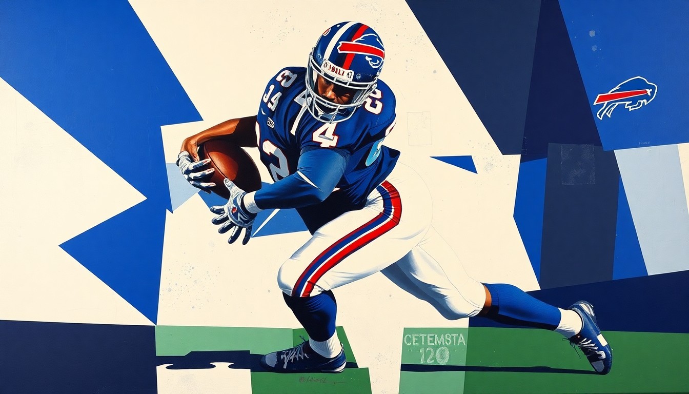 A fragmented, geometric painting depicting a football player in mid-tackle, with sharp planes of navy blue, royal blue, and white representing the Buffalo Bills' defensive secondary.