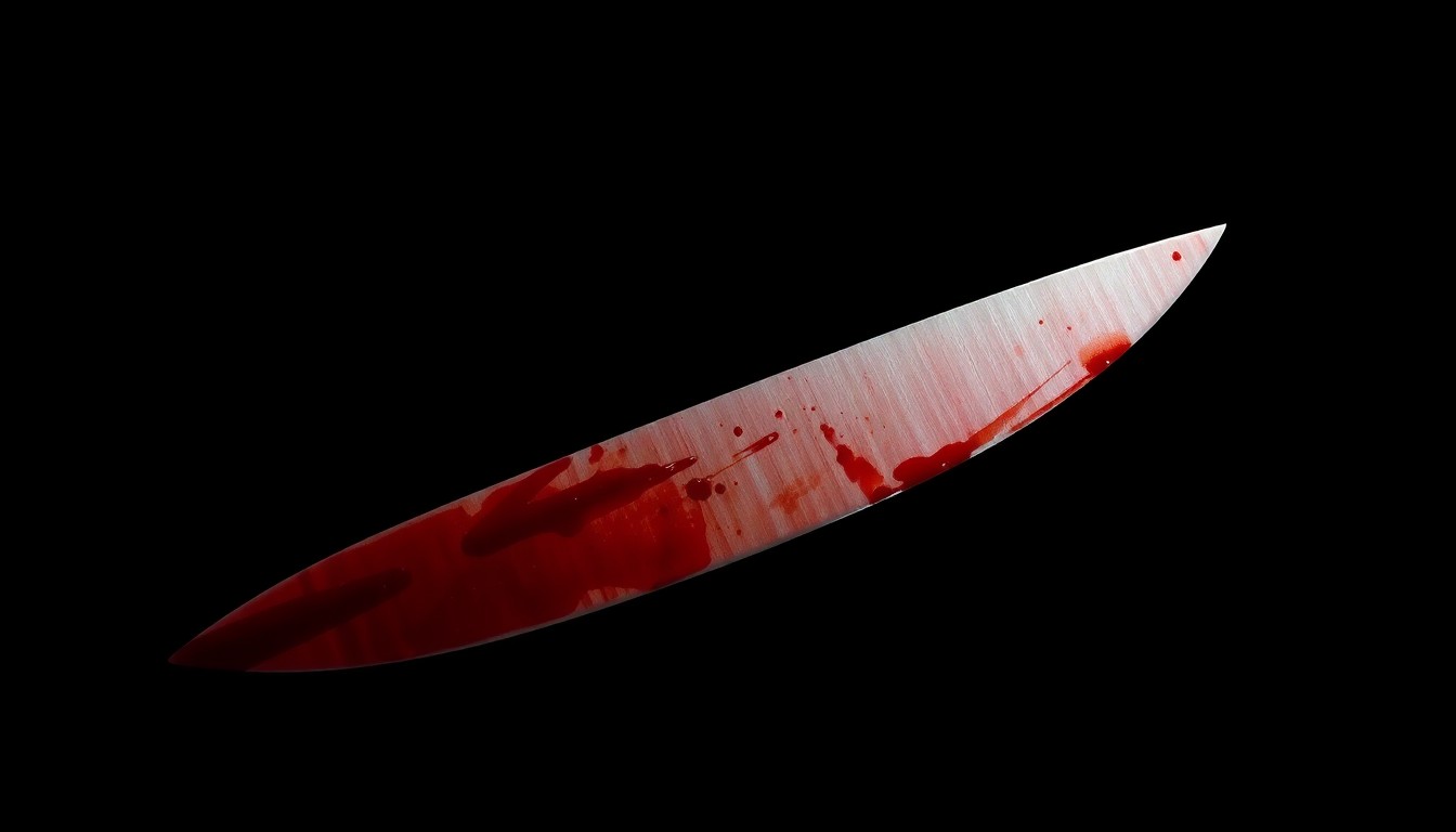 An extreme close-up of a bloodied knife blade, the harsh flash illuminating the metal's sharp edges and the dark, ominous background, conveying the gritty, investigative nature of this tragic incident.